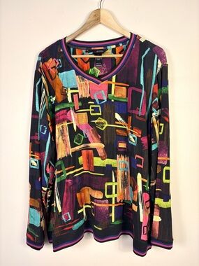 Ali Miles Multicolor Abstract V-Neck Long Sleeve Tunic Top Stretch 80s